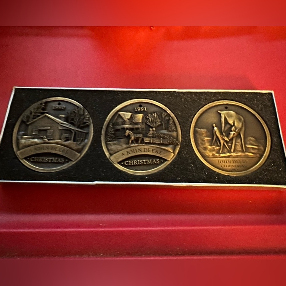John Deere Christmas Antique Brass Medallions Set—1990, 1991, and 1992